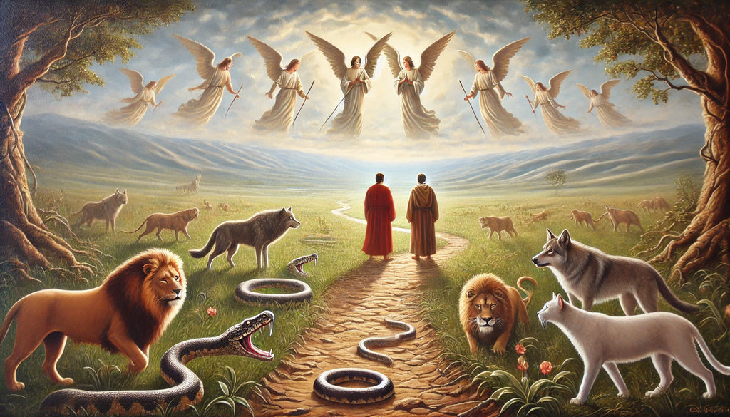 two believers walking on a narrow path, guarded by angels and light on one side, with wolves, serpents, and a lion symbolizing false prophets on the other side.