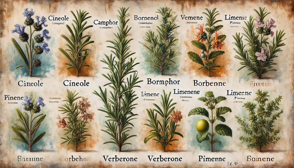 Rosemary plants with labels for each chemotype