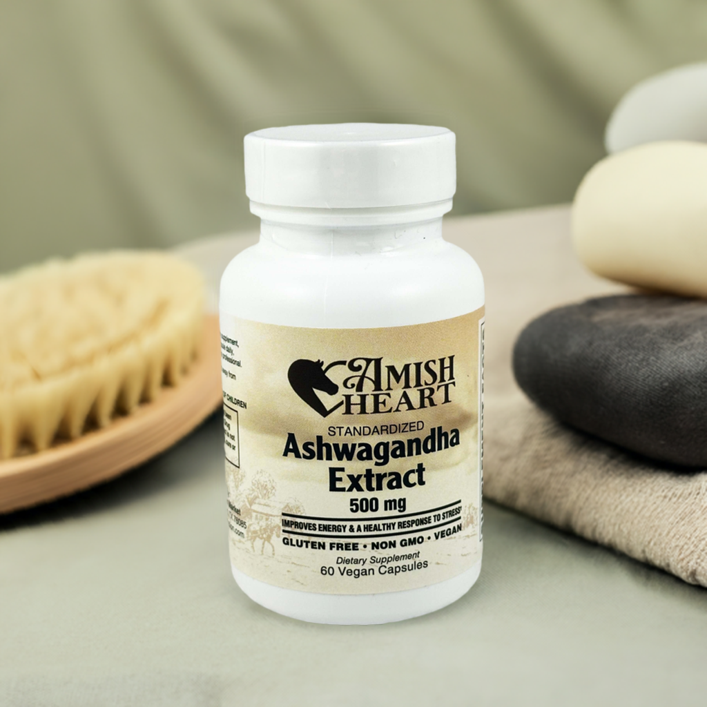 Bottle of Ashwagandha Extract 500mg capsules from Amish Heart, showcasing the health benefits of this Ayurvedic herb for vitality and wellness