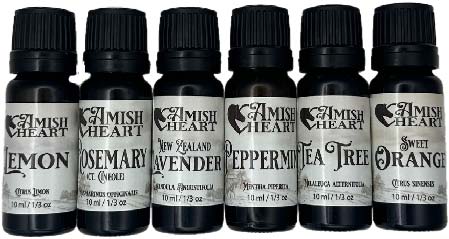 Amish Heart Beginners Essential Oil Kit, featuring six popular essential oils such as lavender and peppermint, in an attractively organized package, ideal for newcomers to aromatherapy