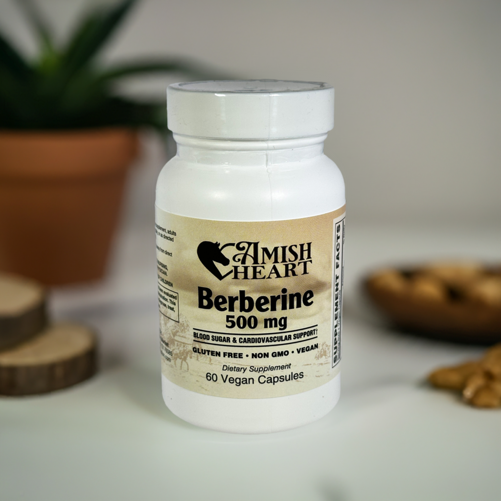 Berberine 500mg capsules from Amish Heart, featuring the health-promoting alkaloid sourced from Berberis aristata bark in a clear, labeled bottle, suitable for enhancing overall wellness.