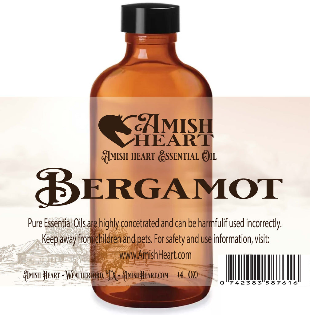 A bottle of Amish Heart Bergamot Essential Oil, showcasing the oil's vibrant, citrusy essence derived from the peels of Italian Bergamot, ideal for aromatherapy and holistic health.