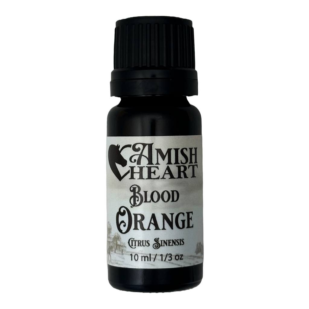 Bottle of Amish Heart Blood Orange Essential Oil, made from organic Citrus sinensis peels, perfect for refreshing and invigorating uses.