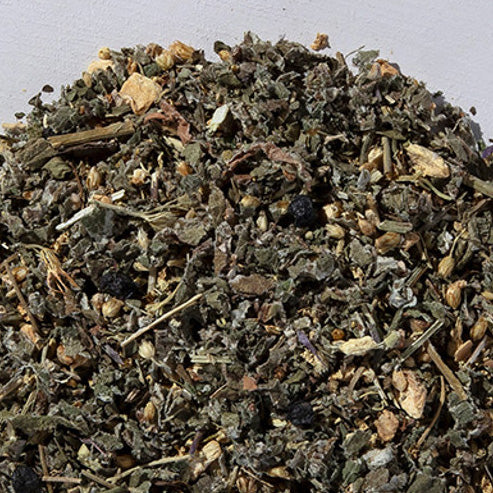 Package of Veal Station Breathe Blend Tea, featuring organic ingredients like peppermint leaf, elder flower, and ginger root for congestion relief.