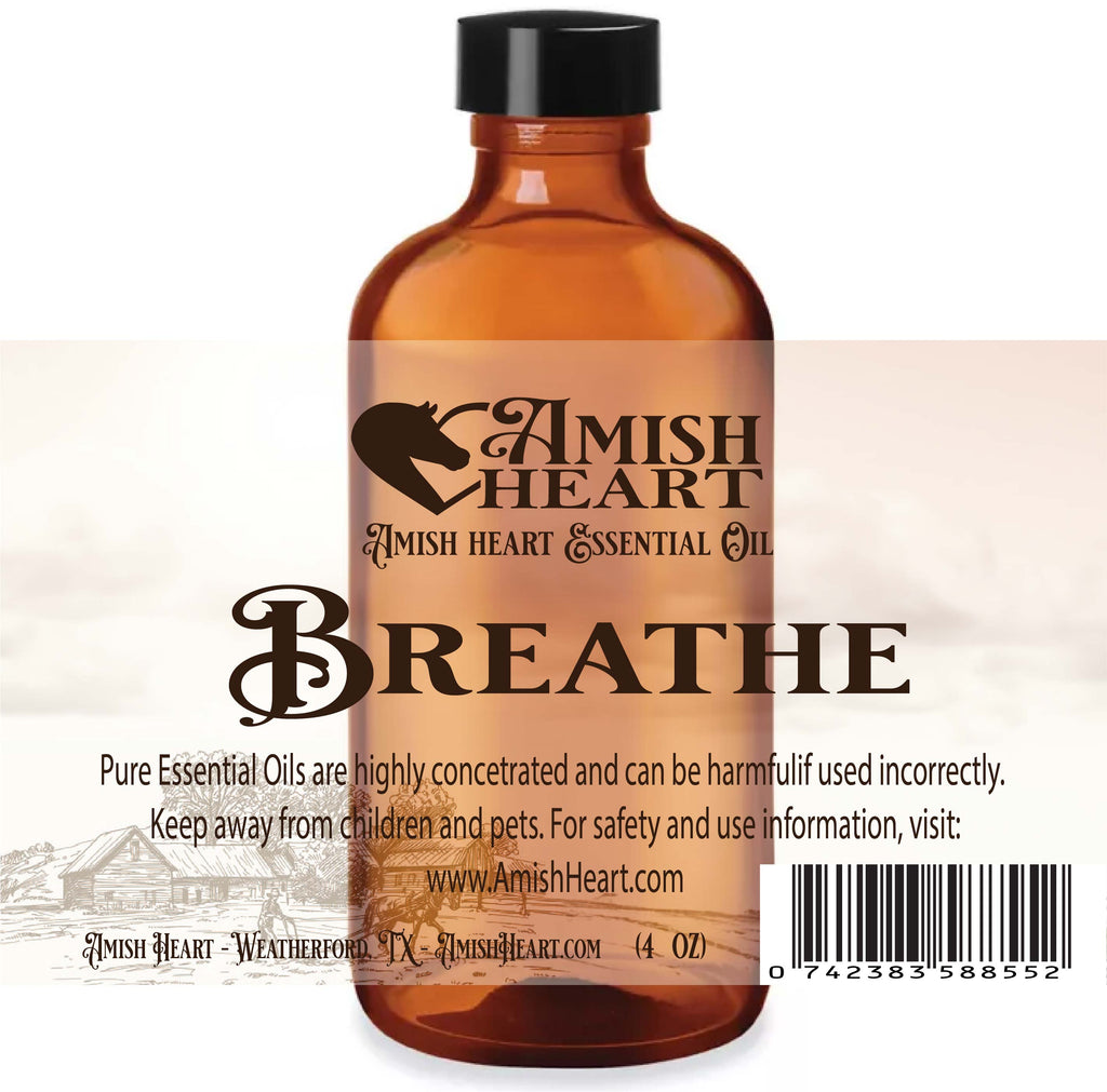 Bottle of Amish Heart Breathe Essential Oil Blend, featuring a blend of eucalyptus, peppermint, and other essential oils for respiratory support and clearer breathing.