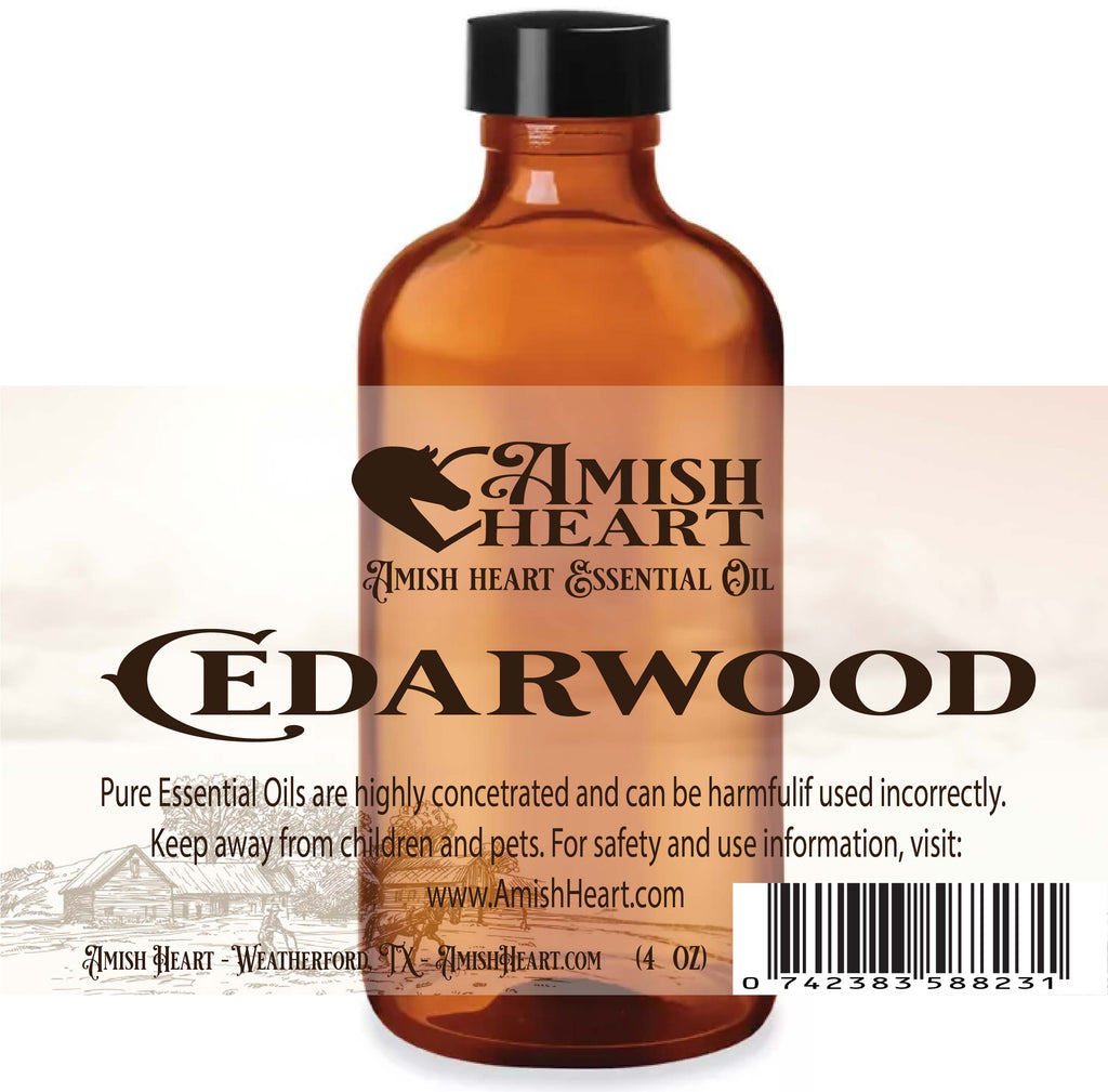 Cedarwood Essential Oil by Amish Heart, featuring a warm, woody aroma, made from wildcrafted Himalayan cedar.