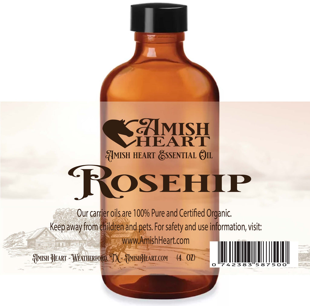 Certified Organic Rosehip Oil by Amish Heart, cold-pressed for purity and perfect for skincare, haircare, and as a carrier oil for essential oil blends