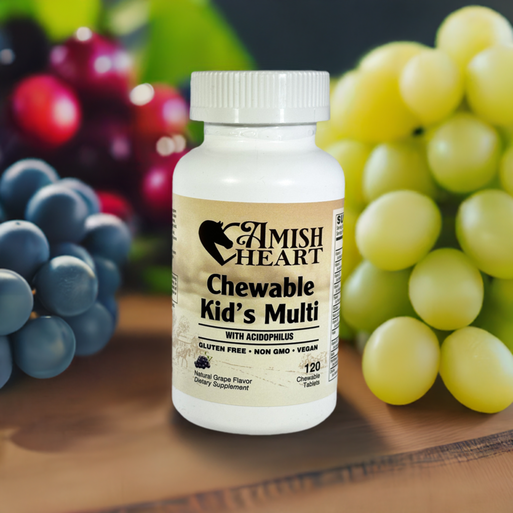 Chewable Kid's Multi with Acidophilus by Amish Heart in grape flavor, supporting essential nutrients and probiotics for children's health.