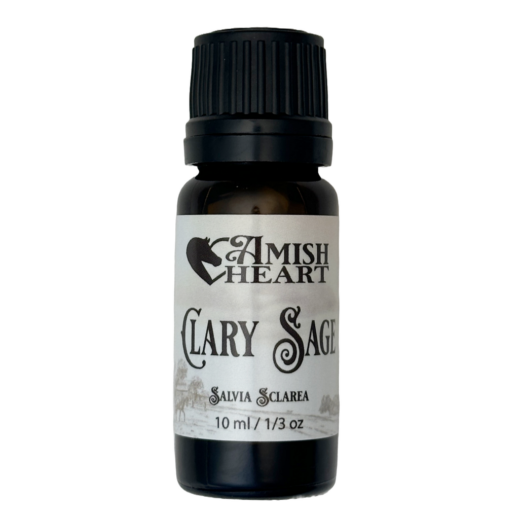 Clary Sage Essential Oil by Amish Heart, featuring calming and hormonal balancing properties, extracted from organic leaves and tops.