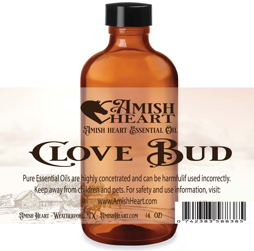 Clove Bud Essential Oil by Amish Heart, featuring potent antiseptic and anti-inflammatory properties, extracted from organic buds.