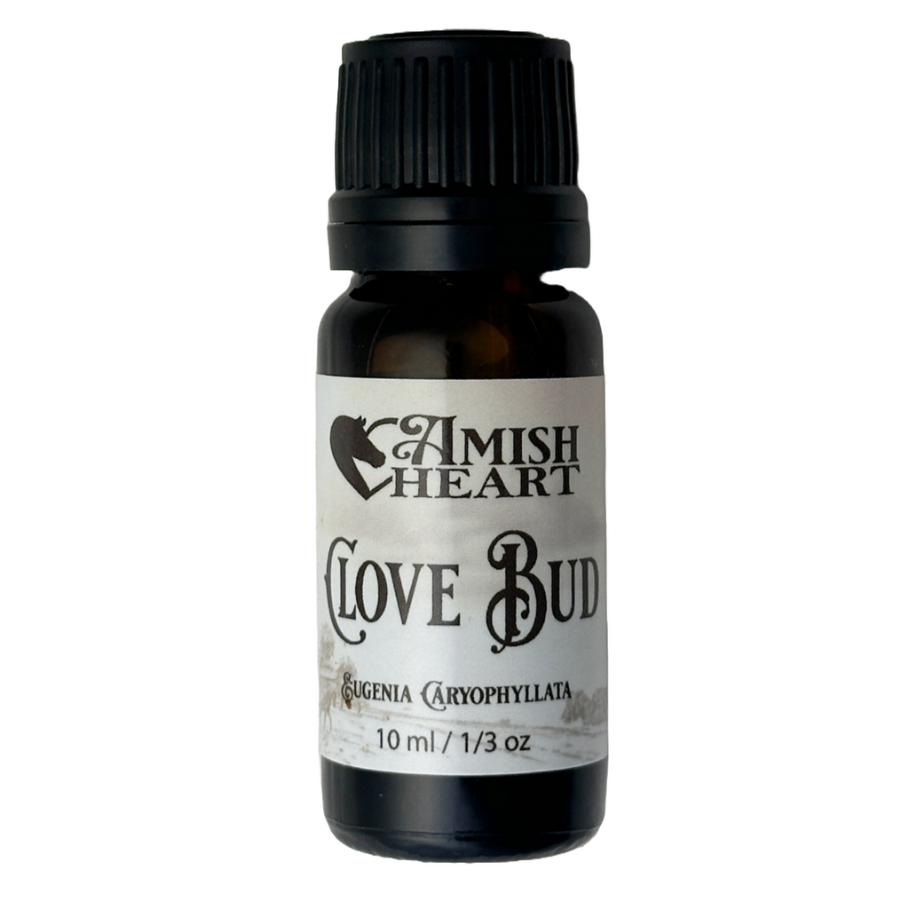 Clove Bud Essential Oil by Amish Heart, featuring potent antiseptic and anti-inflammatory properties, extracted from organic buds.