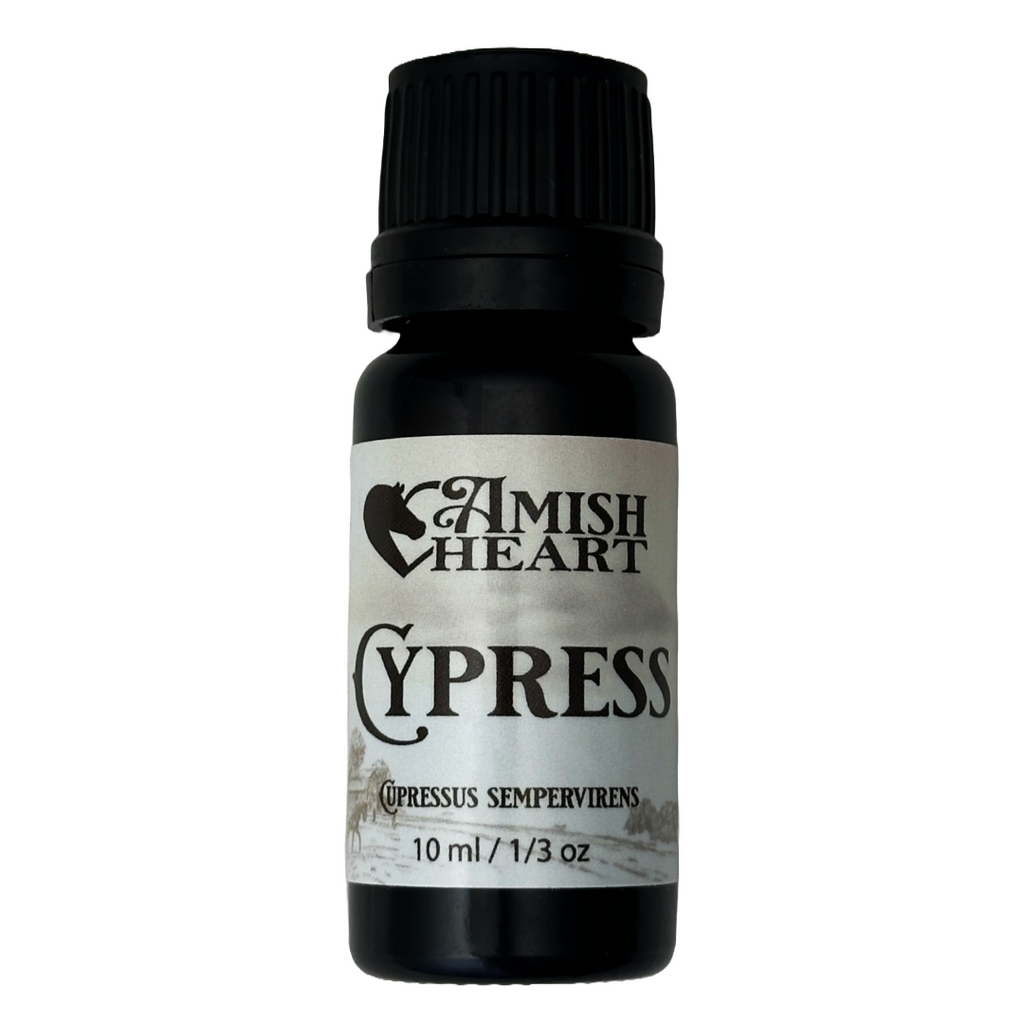 Cypress Essential Oil by Amish Heart, known for its calming and soothing effects, made from organic, steam-distilled cypress leaves.