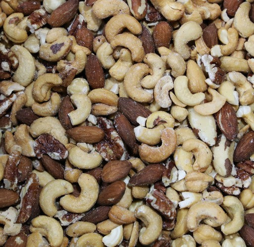 A blend of roasted and salted deluxe nuts by Amish Heart, featuring cashews, almonds, pecans, Brazils, and filberts.