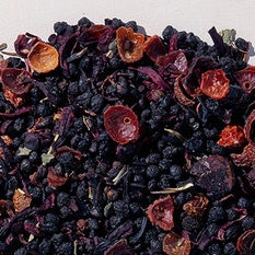 Amish Heart Loose Leaf Elderberry Tea, an organic, immune-boosting blend with elderberries, hibiscus, and echinacea, caffeine-free.