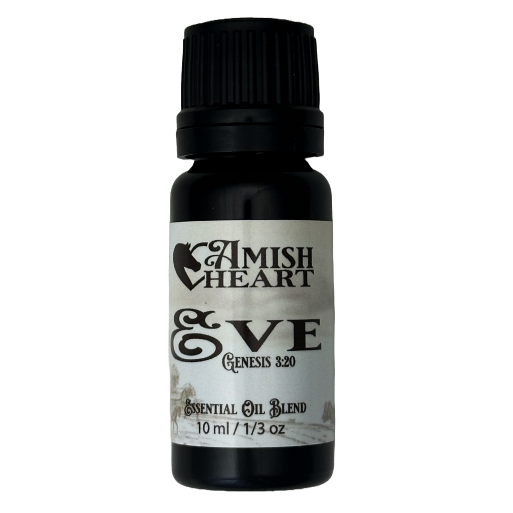 Eve Synergy Blend by Amish Heart, designed for hormonal balance and emotional support, featuring Clary Sage, Lavender, and Geranium essential oils.