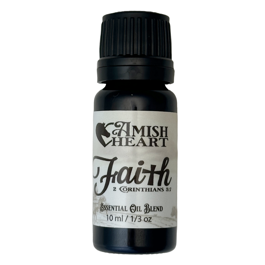 Faith Synergy Blend by Amish Heart, a calming and uplifting essential oil blend with Lavender, Chamomile, and Cedarwood.