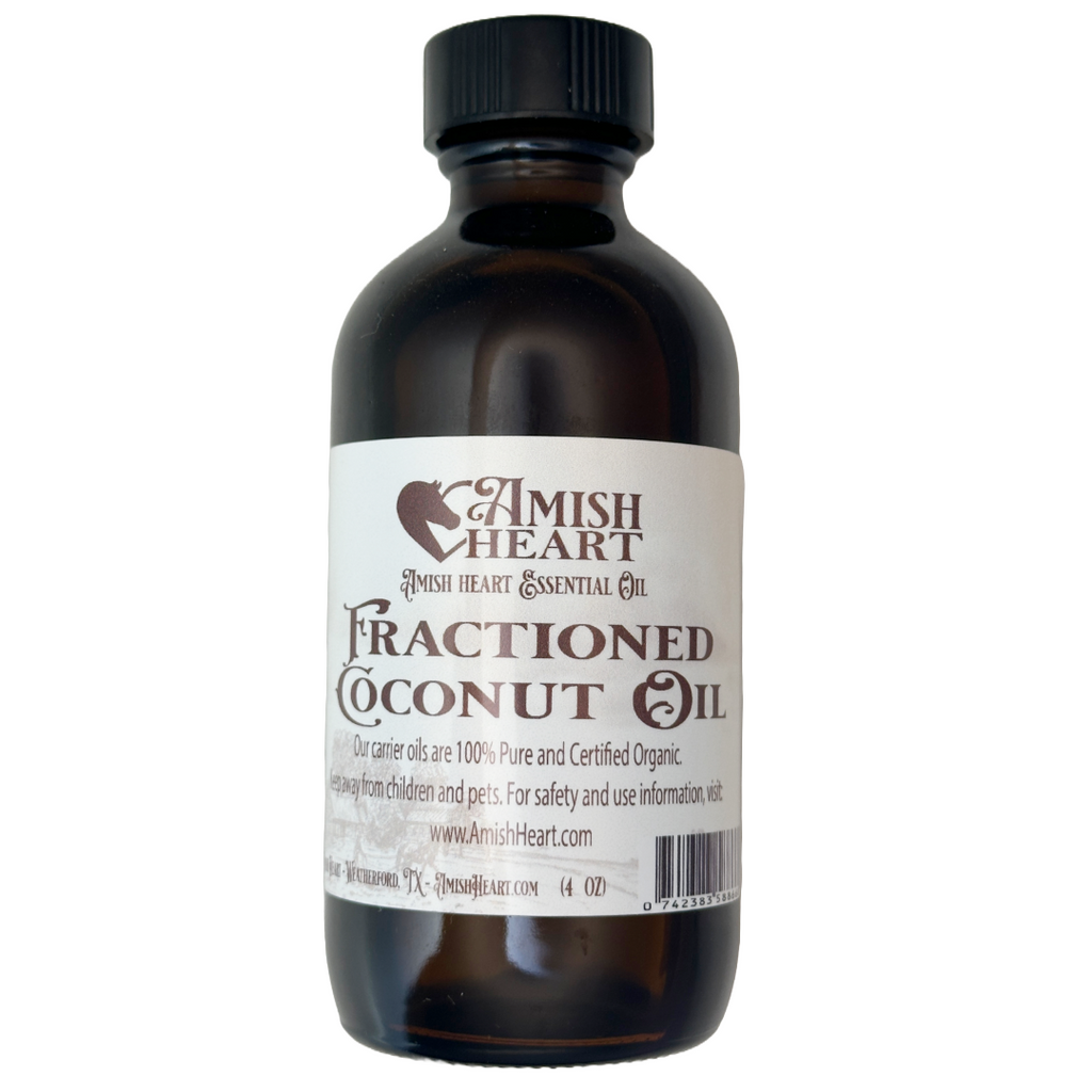 Certified Organic Fractionated Coconut Oil (MCT) by Amish Heart in a 4 oz bottle, ideal for moisturizing and essential oil blending.