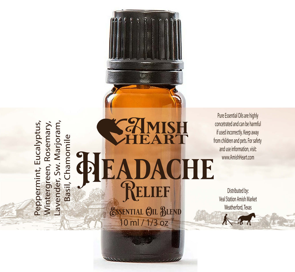 Headache Relief Synergy Blend by Amish Heart, a combination of essential oils like Lavender and Peppermint in a bottle, designed to alleviate headaches naturally.