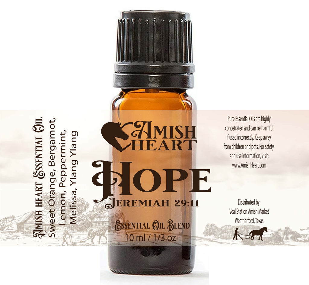 Hope Synergy Blend by Amish Heart, featuring uplifting essential oils like Bergamot and Lemon, ready in both diffuser and roller formats for emotional support and well-being.