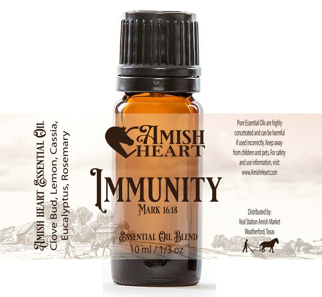 Immunity Synergy Blend by Amish Heart, combining essential oils like Rosemary, Clove, and Lemon, inspired by historical thieves oil, in a 10ml bottle for enhancing immune defense.