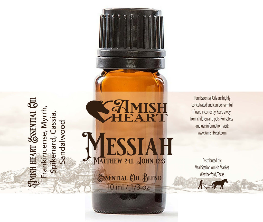 Messiah Synergy Blend by Amish Heart, combining Sandalwood, Frankincense, Myrrh, Cassia, and Spikenard, reminiscent of ancient biblical times.