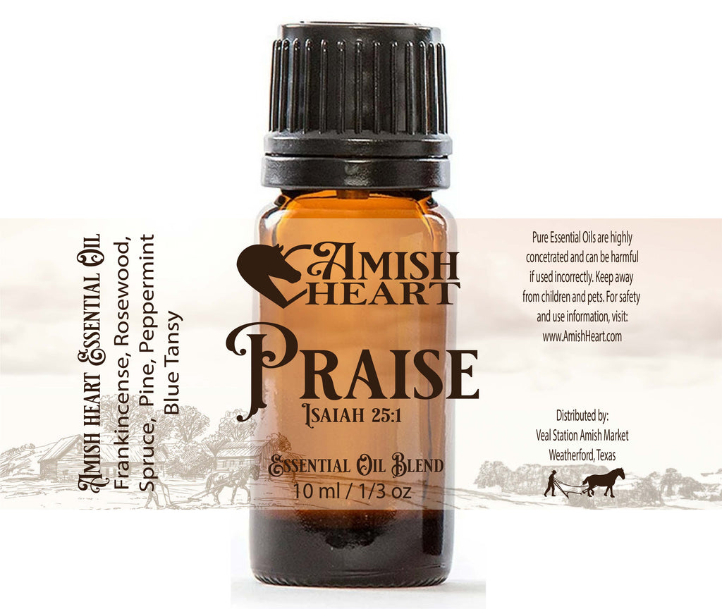 Praise Synergy Blend by Amish Heart, featuring a harmonious mix of essential oils designed to uplift, calm, and balance both mind and body