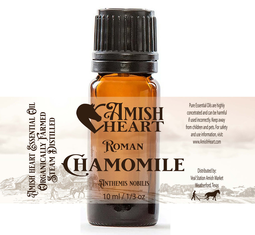 Roman Chamomile Essential Oil by Amish Heart, known for its calming and soothing properties, perfect for aromatherapy and skin care.