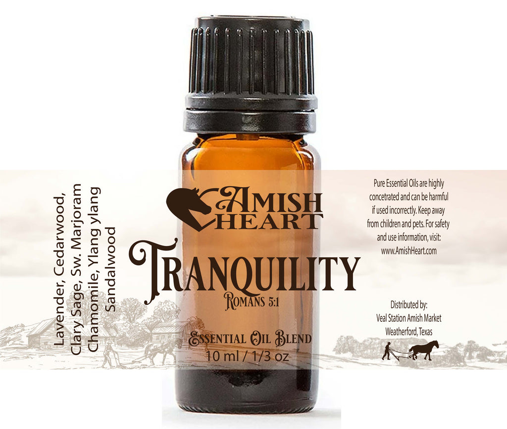 Tranquility Synergy Blend Essential Oil by Amish Heart in a 10ml bottle, featuring a calming mix of Lavender, Cedarwood, and other therapeutic oils.